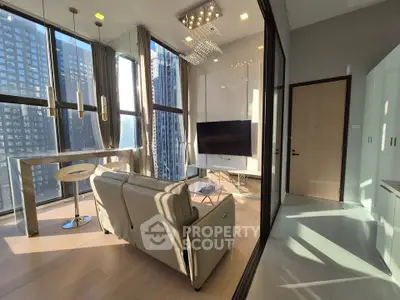 Luxurious modern living room with floor-to-ceiling windows and stunning city view