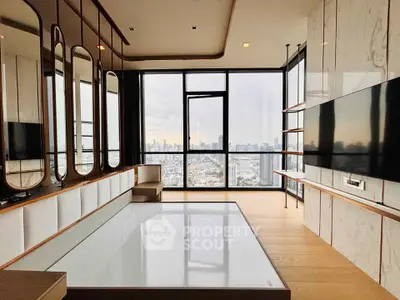 Luxurious modern living room with panoramic city view and elegant decor