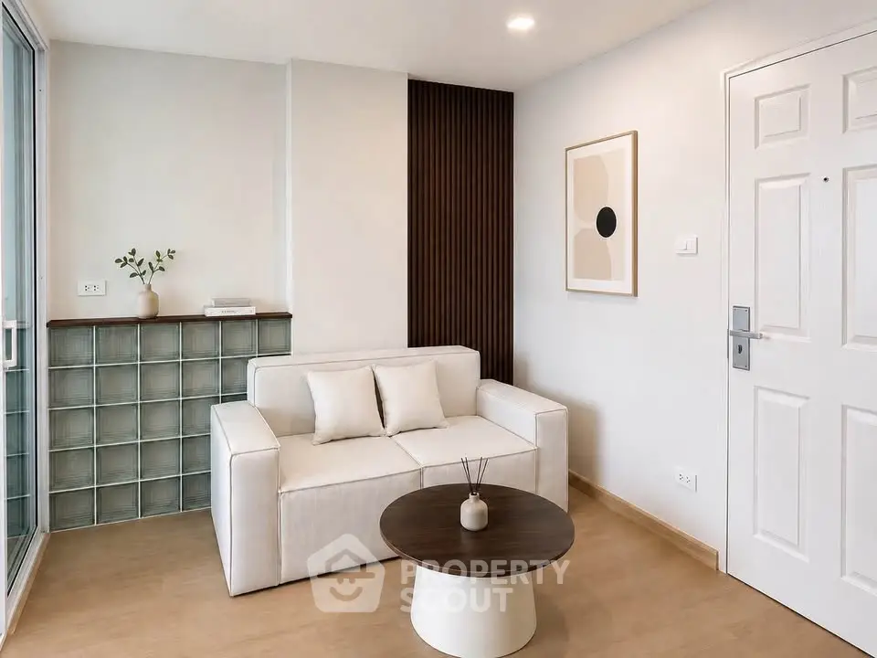 Modern living room with white sofa and minimalist decor