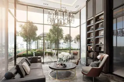 Luxurious living room with floor-to-ceiling windows and elegant chandelier