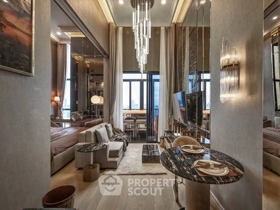 Luxurious open-plan living room with elegant decor and city view