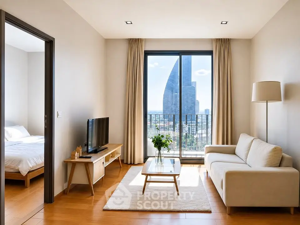 Modern living room with city view, featuring cozy sofa, TV, and large window in stylish apartment.