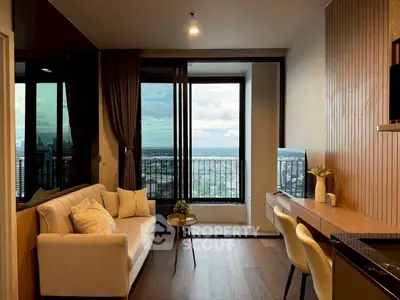 Modern living room with stunning city view and elegant decor
