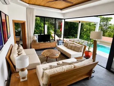 Luxurious living room with pool view, featuring elegant wooden furniture and modern decor in a tropical setting.