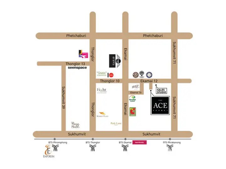 Map showcasing prime real estate locations in Thonglor, Bangkok with nearby amenities and landmarks.