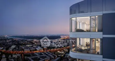 Luxury high-rise apartment with stunning city view at dusk