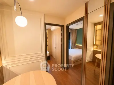 Modern apartment interior with elegant bedroom and stylish wooden flooring