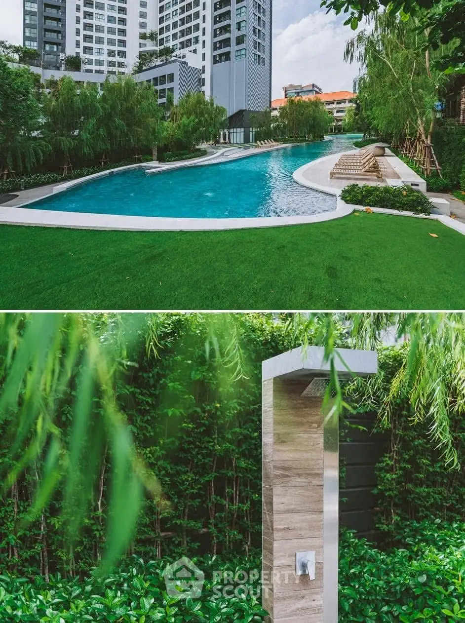Luxurious residential pool area with lush greenery and modern outdoor shower.