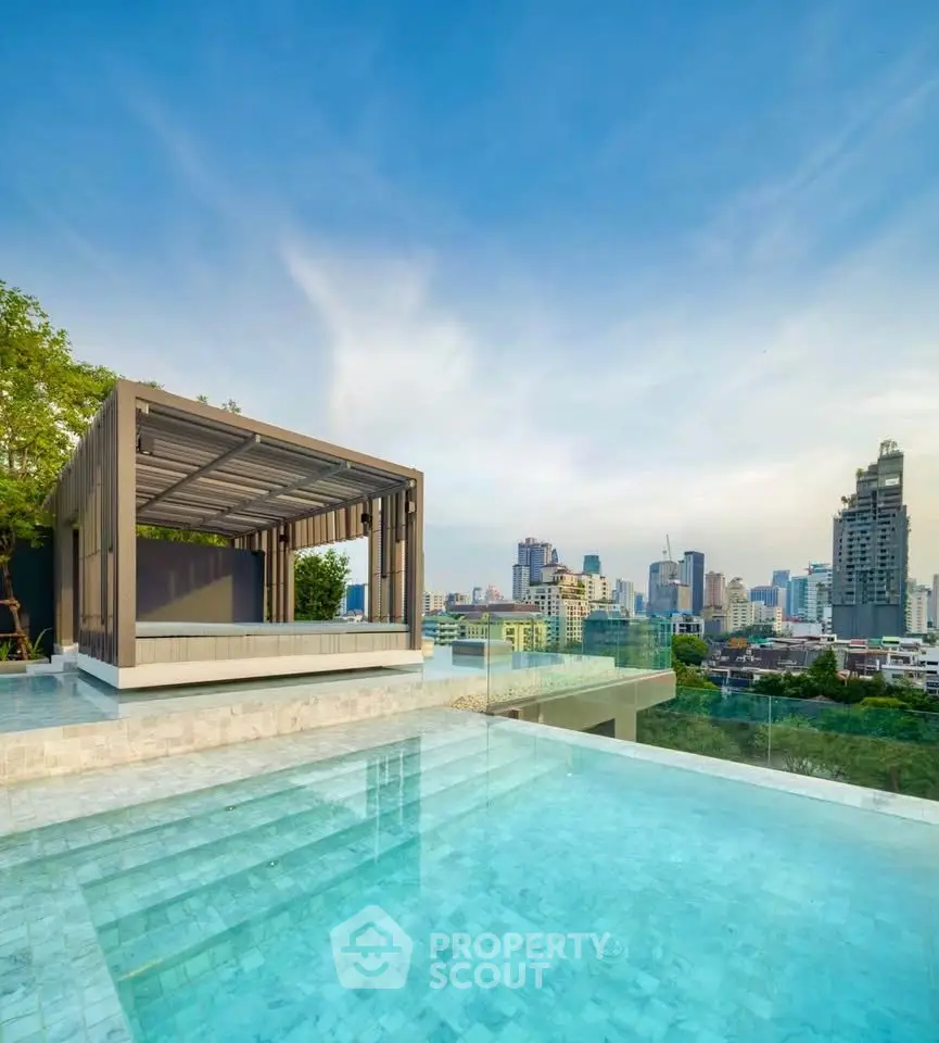 Luxurious rooftop pool with stunning city skyline view, perfect for relaxation and entertainment.