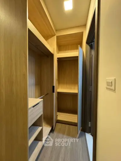 Spacious walk-in closet with wooden shelves and modern lighting