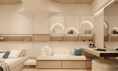 Luxurious modern living room with elegant built-in shelves and cozy seating area.