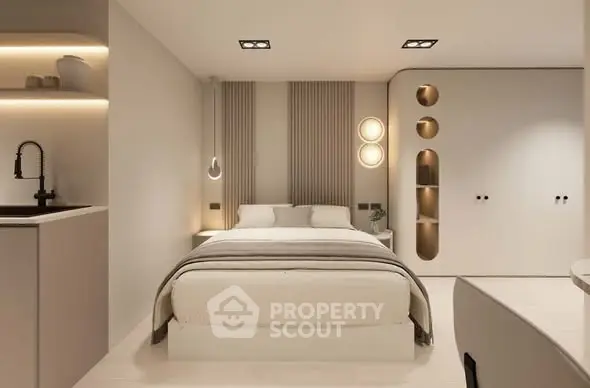 Modern minimalist bedroom with sleek design and ambient lighting