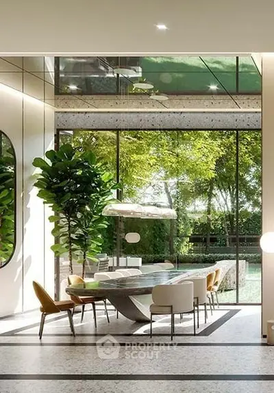 Luxurious dining area with modern design and garden view