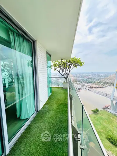 Stunning balcony with artificial grass and panoramic city view