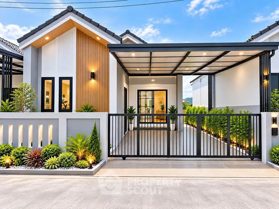 Modern single-story house with stylish facade and landscaped garden