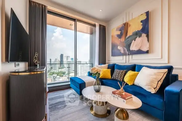 Luxurious living room with stunning city view, elegant decor, and modern furnishings in high-rise apartment.