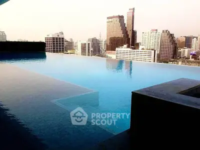 Luxurious rooftop infinity pool with stunning city skyline view, perfect for relaxation and leisure.