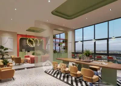 Luxurious modern living room with panoramic city view and stylish decor