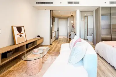 Modern studio apartment with stylish decor and open layout, featuring a cozy living area and elegant furnishings.