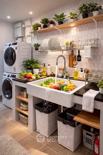 Modern kitchen with washing machine, stylish open shelving, and lush greenery for a fresh, inviting atmosphere.