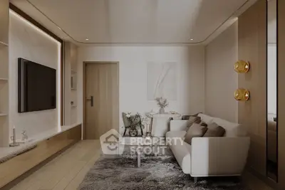 Modern living room with cozy sofa, stylish decor, and wall-mounted TV in elegant apartment.