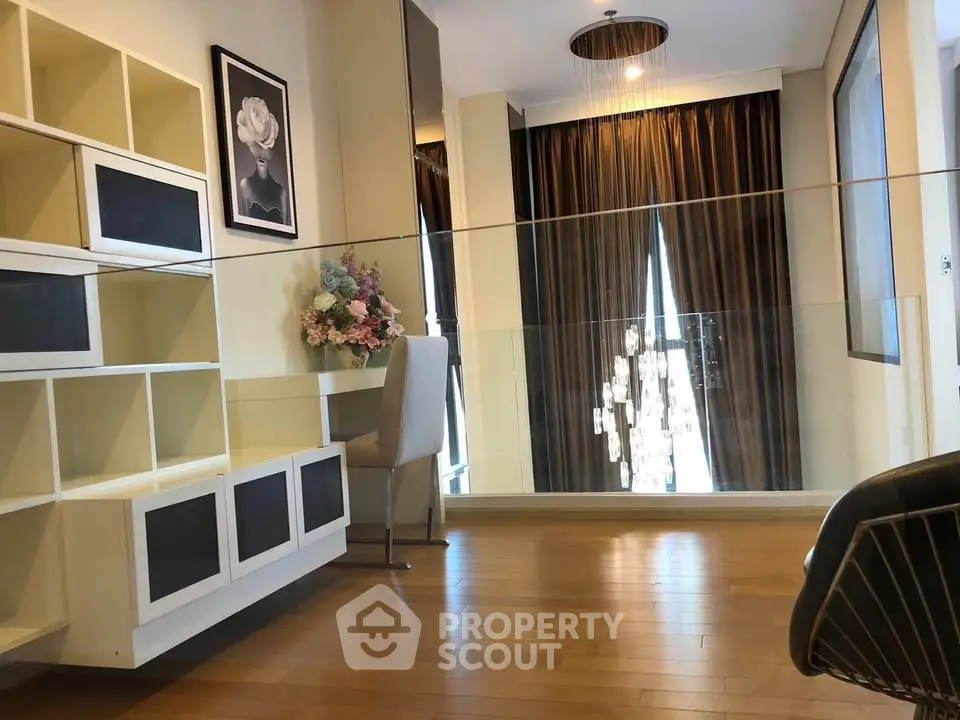 Modern study room with elegant decor and wooden flooring