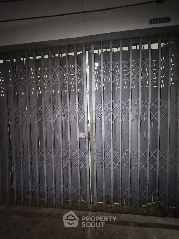 Secure metal gate entrance with intricate design, ideal for urban properties.