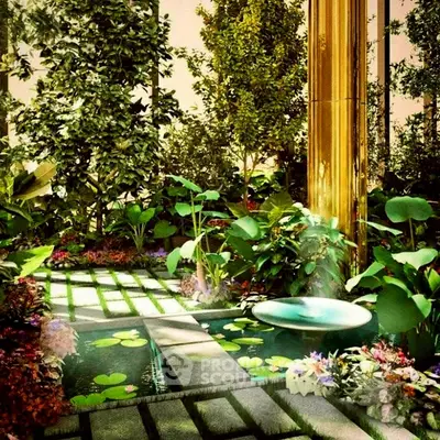 Luxurious garden with lush greenery and elegant water feature in upscale property