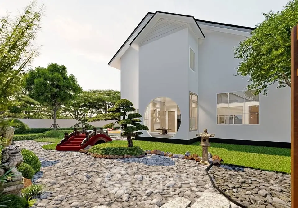 Stunning modern home exterior with lush garden and elegant stone pathway.