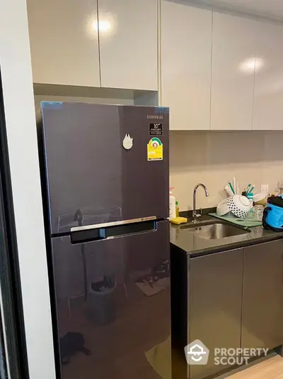 Modern kitchen with sleek refrigerator and compact cabinetry