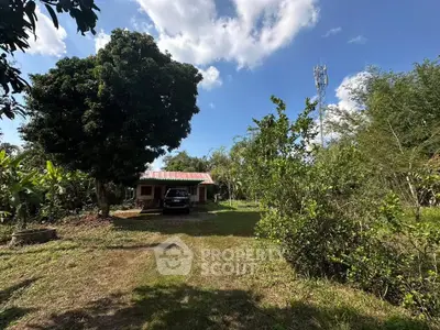 Charming rural property with lush greenery and cozy house under a vibrant blue sky.