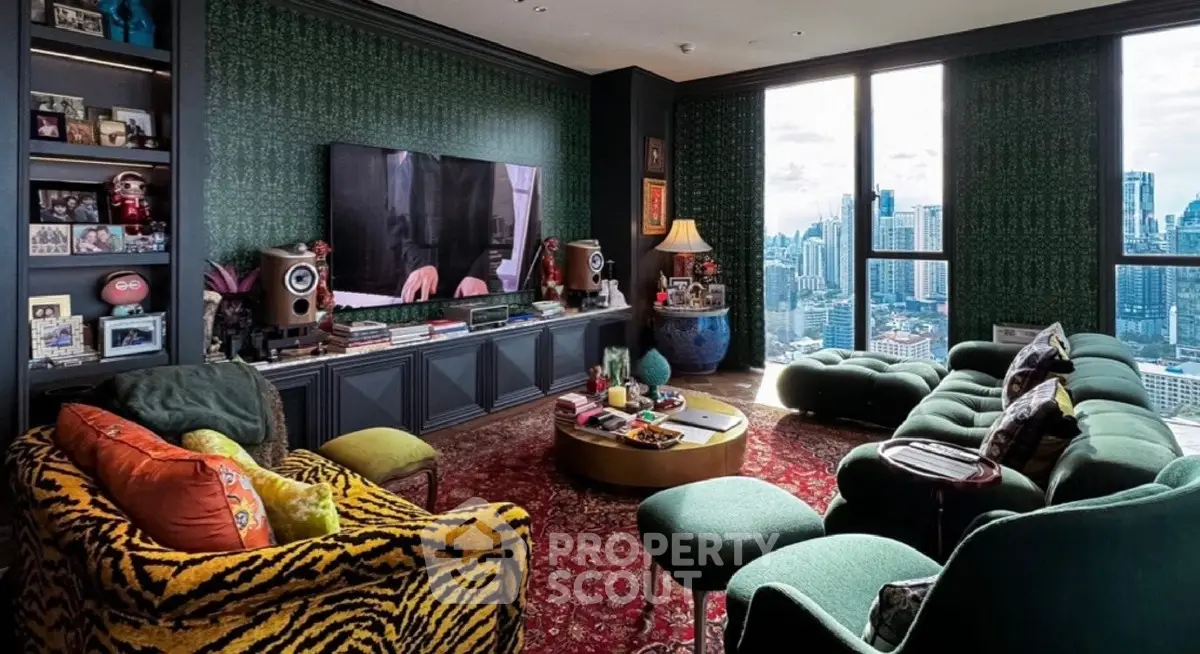 Luxurious living room with panoramic city view, vibrant decor, and plush seating in a high-rise apartment.