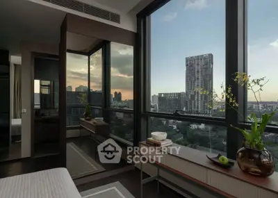 Luxurious modern bedroom with panoramic city view and elegant decor