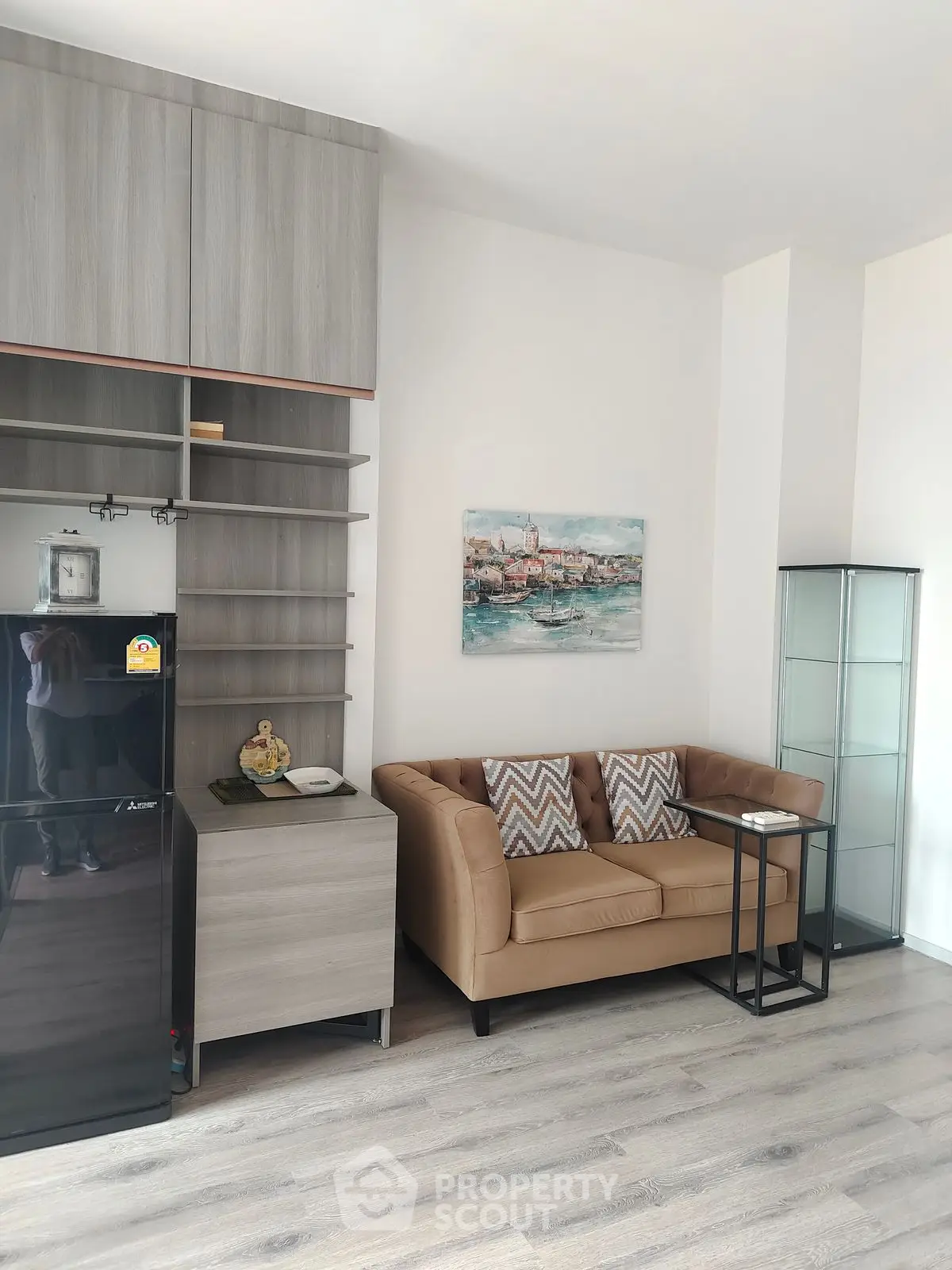 Modern living room with stylish sofa and sleek storage solutions