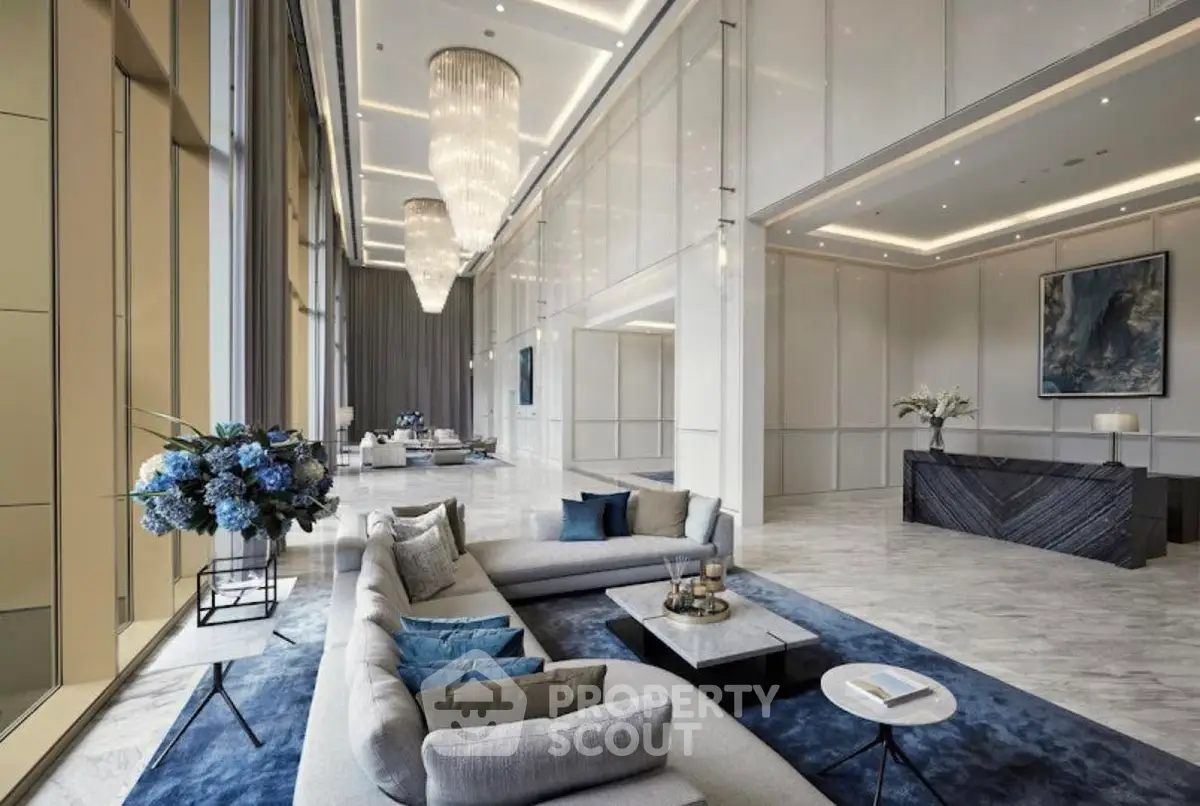 Luxurious high-ceiling living room with elegant decor and modern furniture in a sophisticated setting.