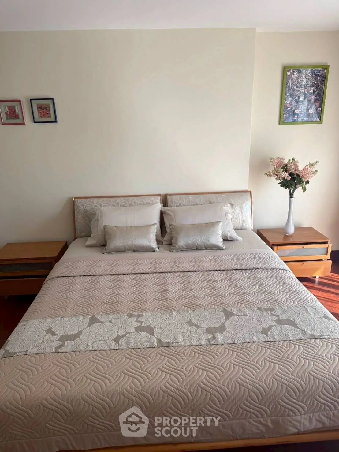 Cozy bedroom with elegant decor and floral accents