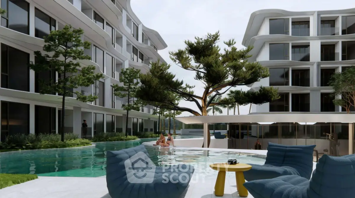 Luxurious modern apartment complex with stunning pool and lush greenery