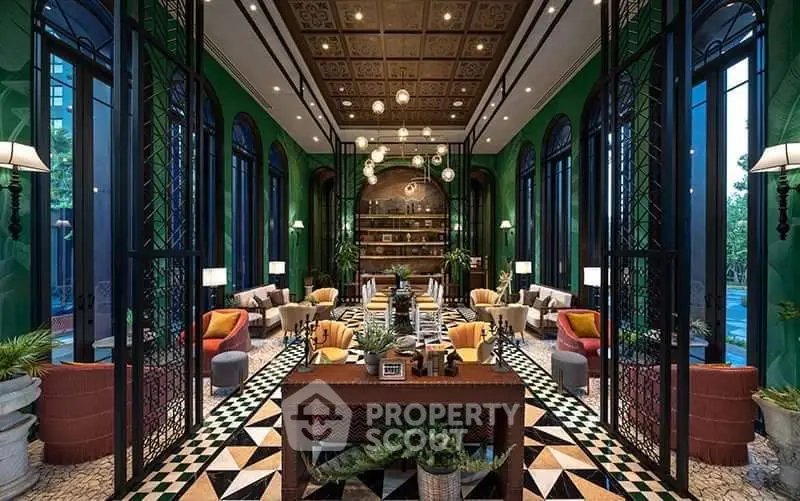 Luxurious and spacious living room with elegant decor and high ceilings, perfect for entertaining.