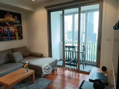 Modern living room with balcony view in urban apartment