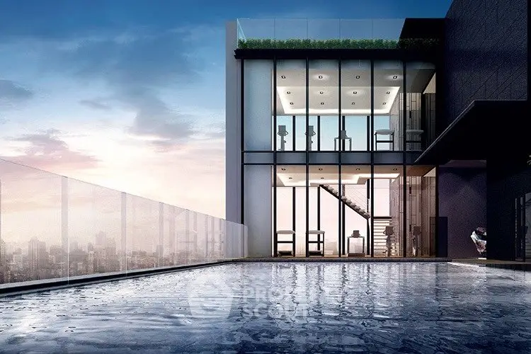 Luxurious rooftop pool with stunning cityscape view and modern glass building facade.