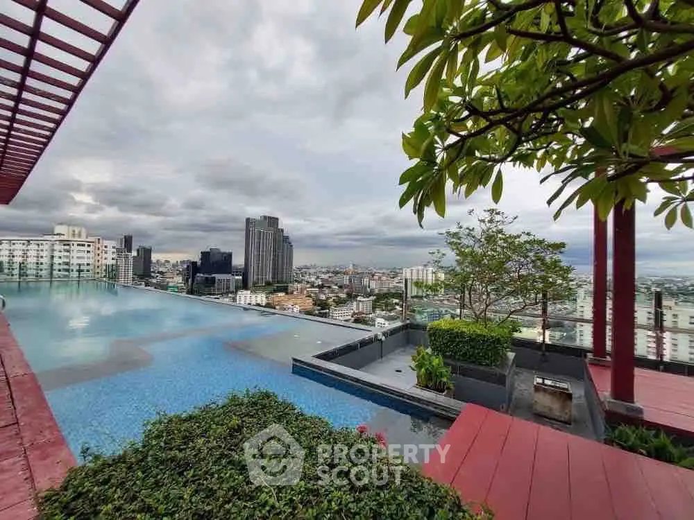 Stunning rooftop pool with panoramic city views and lush greenery.