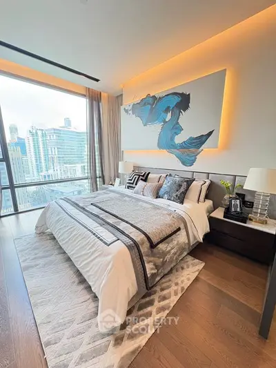 Luxurious bedroom with stunning city view and modern decor