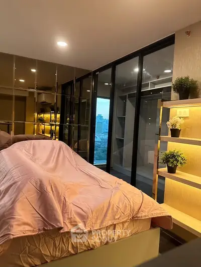 Modern bedroom with city view and stylish decor