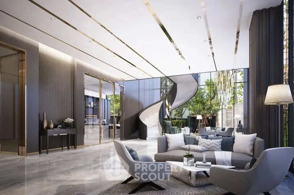 Luxurious modern living room with elegant spiral staircase and stylish decor