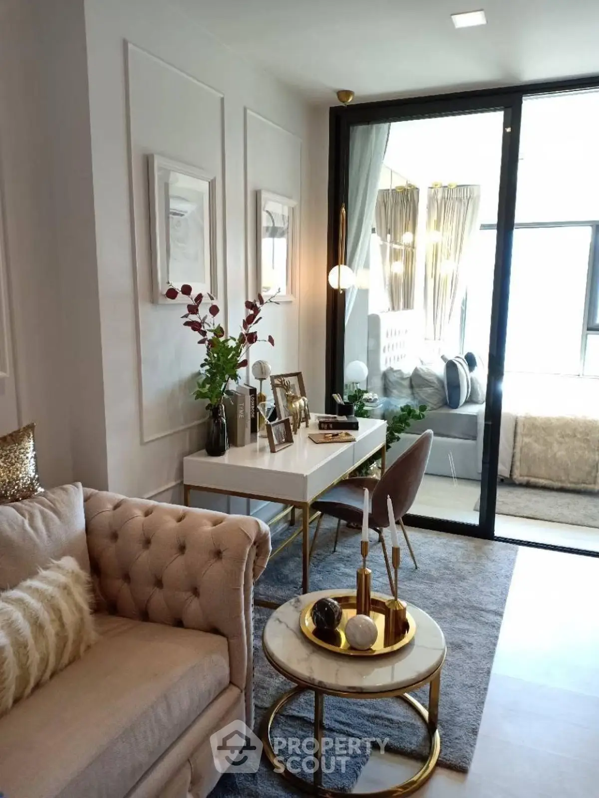 Luxurious living room with elegant decor and plush seating in modern apartment