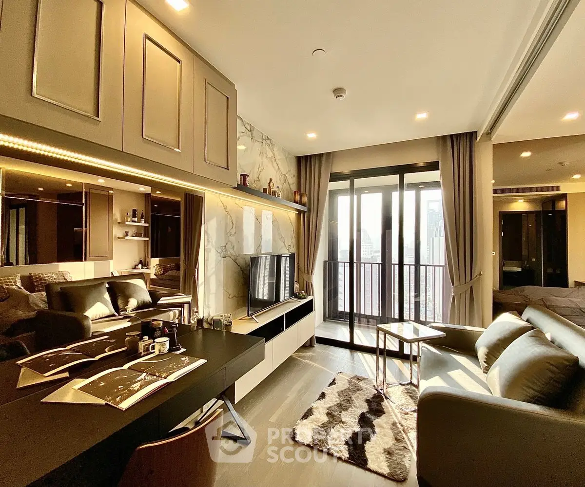 Luxurious modern living room with elegant decor and large windows offering natural light.