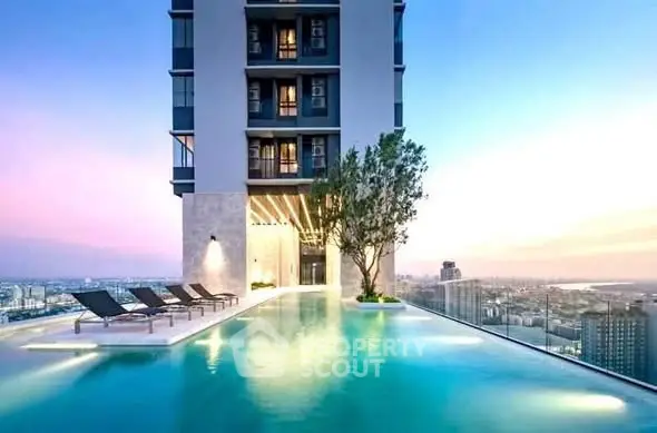 Luxurious rooftop infinity pool with stunning city skyline views at sunset.