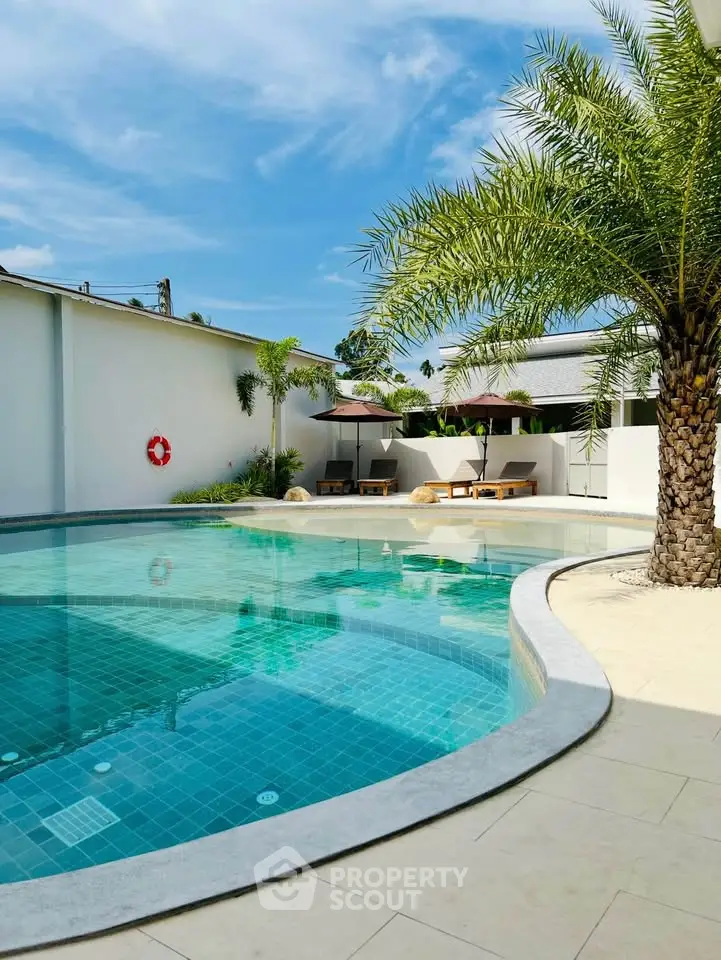 Luxurious outdoor pool area with palm trees and sun loungers, perfect for relaxation and leisure.