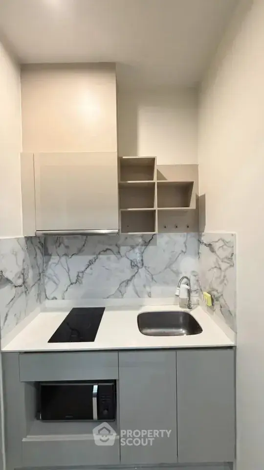 Compact modern kitchen with sleek cabinetry and marble backsplash