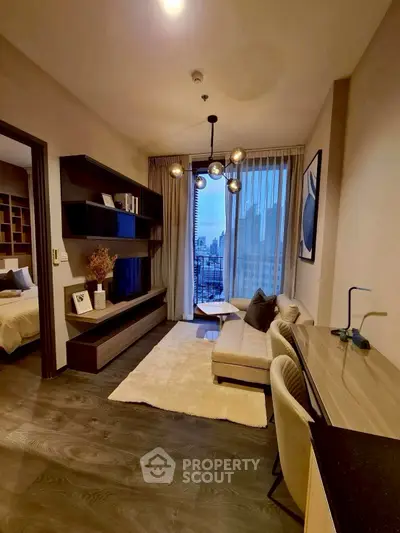 Modern living room with city view, stylish furniture, and elegant lighting